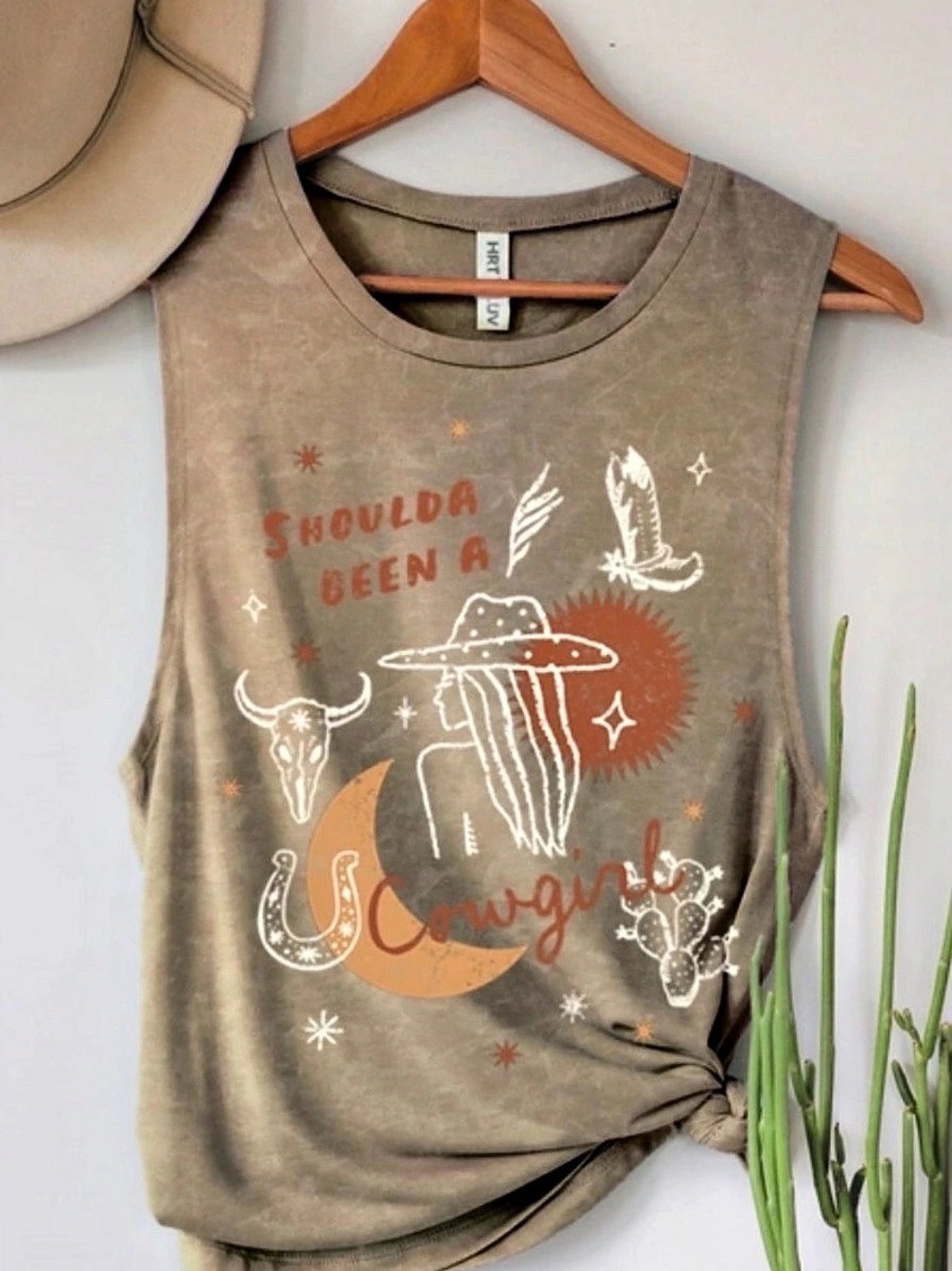HRT & LUV Shoulda Been A Cowgirl Acid Wash Tank Top - cotton, coastal cowgirl